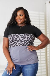 Double Take Leopard Print Color Block Short Sleeve T-Shirt Black OutfitFlow
