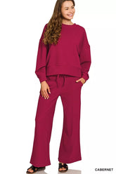Zenana Ribbed Round Neck Pullover and Drawstring Pants Set CABERNET OutfitFlow