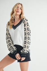 Aemi+Co Crochet Contrast Stitching V Neck Top Ivory OutfitFlow