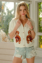 BiBi Teddy Bear With Bow Patched Sweater Button Down Top CREAM OutfitFlow