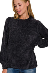 Zenana Round Neck Balloon Sleeve Chenille Sweater BLACK OutfitFlow