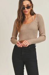 MABLE Long Sleeve Crop Sweater Top and Inner Bra Set Mocha OutfitFlow