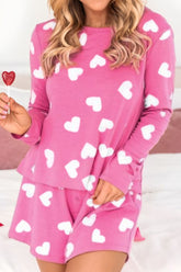 Heart Round Neck Long Sleeve Top and Elastic Waist Shorts Set Hot Pink OutfitFlow