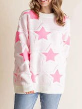 Oversized Star Pattern Ribbed Edge Drop Shoulder Sweater Blush Pink OutfitFlow