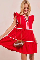 BiBi Gameday Theme Contrast Binding Ruffled Dress RED OutfitFlow