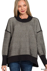 Zenana Exposed Seam Two Tone Ribbed Sweater BLACK OutfitFlow