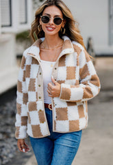 Checkered Snap Down Long Sleeve Teddy Jacket Tan OutfitFlow