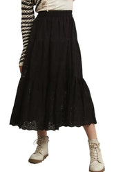 ADORA Elastic Waistband Tiered Midi Skirt Black OutfitFlow