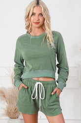 Round Neck Long Sleeve Top and Drawstring Shorts Lounge Set Gum Leaf OutfitFlow