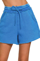 Zenana Acid Wash Fleece Drawstring Shorts With Pockets OCEAN BLUE OutfitFlow