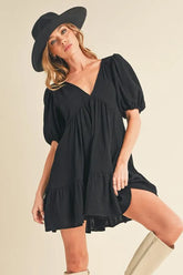 Aemi+Co Tied Back Ruffled Short Sleeve Mini Dress BLACK OutfitFlow