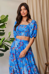 Davi & Dani Smocing Bodice Puff Short Sleeve Printed Crop Top OCEAN BLUE OutfitFlow