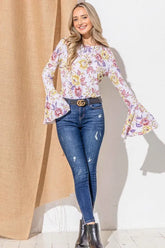 And The Why Floral Printed Bell Sleeve Casual Top MUSTARD MAUVE OutfitFlow