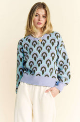 Davi & Dani Scale Jacquard Round Neck Drop Shoulder Sweater Pastel Blue OutfitFlow