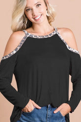 BiBi Jersey Knit Cold Shoulder Top with Leopard Neck BLACK OutfitFlow