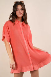 VERY J Pleated Detail Button Down Mini Dress Orange OutfitFlow