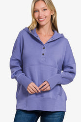 Zenana Half Snap Long Sleeve Hoodie with Kangaroo Pocket Blue Purple OutfitFlow