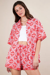 VERY J Full Size Tropical Printed Shirt Top and Shorts Set Plus Size Tomato OutfitFlow
