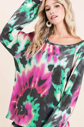 BiBi Tie Dye Print Terry Top with Puff Sleeves FUCHSIA CHARCOAL OutfitFlow