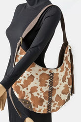 Fame Cow Print Hobo Shoulder Bag with Studded Details BR one size OutfitFlow