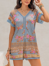 Printed V-Neck Short Sleeve Romper Light Blue OutfitFlow