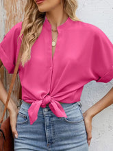 Notched Short Sleeve Blouse Hot Pink OutfitFlow