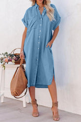 Slit Button Up Short Sleeve Imitation Denim Dress Medium OutfitFlow