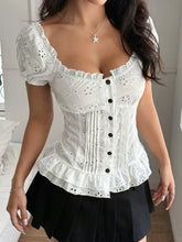 Eyelet Lace Short Sleeve Blouse White OutfitFlow