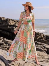 Printed Smocked Waist Short Sleeve Maxi Dress Tangerine OutfitFlow