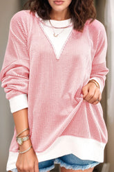 Contrast Round Neck Long Sleeve Sweatshirt Blush Pink OutfitFlow