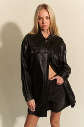 Davi & Dani Faux Leather Button Up Jacket with Chest Pockets Black OutfitFlow