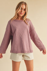 Aemi + Co Frayed Edge Round Neck Sweatshirt Dusty Pink OutfitFlow