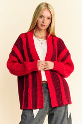 Davi & Dani Cable-Knit Color Block Open Front Cardigan Burgundy OutfitFlow