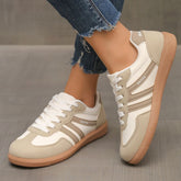 Contrast Lace Up Round Toe Sneakers Eggshell OutfitFlow