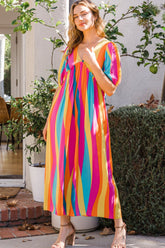 ODDI Full Size Striped Puff Sleeve Wide Leg Jumpsuit Fuchsia-Yellow OutfitFlow