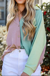 Color Block Corded Button Up Shacket Dusty Pink OutfitFlow