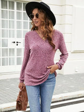 V-Neck Ribbed Long Sleeve Knit Top Dark Pink OutfitFlow