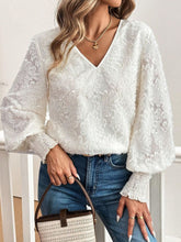 V-Neck Lantern Sleeve Blouse White OutfitFlow