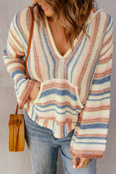Striped Hooded Sweater with Kangaroo Pocket Multi OutfitFlow