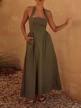 Halter Neck Maxi Dress with Pockets Moss OutfitFlow