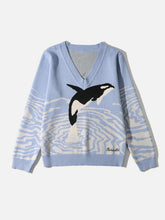 Printed V-Neck Long Sleeve Sweater Misty Blue OutfitFlow