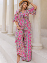 Plus Size Printed Half Sleeve Wide Leg Jumpsuit Deep Rose OutfitFlow