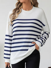 Striped Round Neck Long Sleeve T-Shirt White OutfitFlow