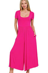 Zenana Double Layered Short Sleeve Jumpsuits HOT PINK OutfitFlow