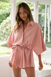Tied Button Up Collared Neck Romper Dusty Pink OutfitFlow