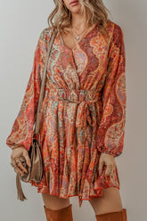 Tied Printed Balloon Sleeve Mini Dress Tangerine OutfitFlow