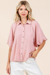 Mittoshop Airflow Short Bubble Sleeve Button Down Shirt Rose Wood OutfitFlow