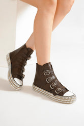 Beast Fashion Multi-Buckle Straps Studded Platform Sneakers Dark Brown OutfitFlow