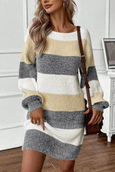 Color Block Boat Neck Long Sleeve Sweater Dress Dark Gray OutfitFlow