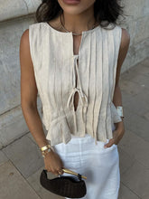 Lovelet Pleated Tied Round Neck Vest Tan OutfitFlow
